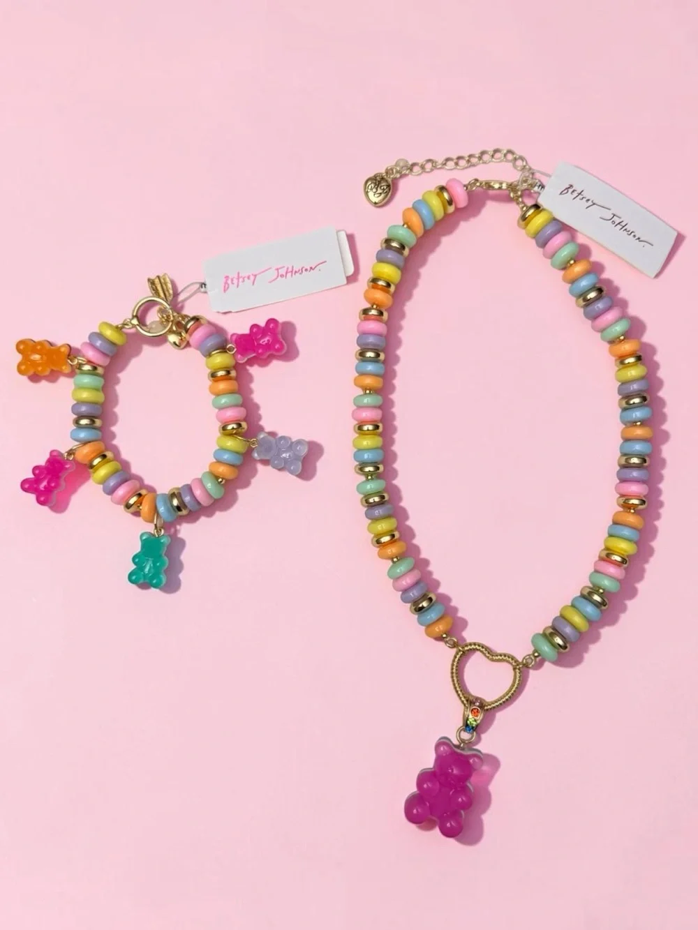 Betsey Johnson Pastel Rainbow Gummy Bear Necklace & Bracelet Set